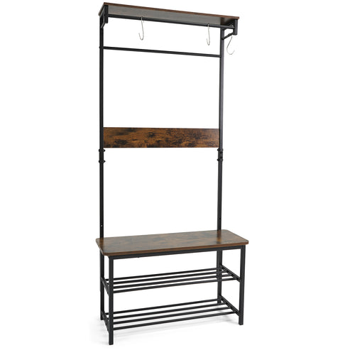 Coat Rack With Shoe Bench, 4-In-1 Hall Tree, Brown