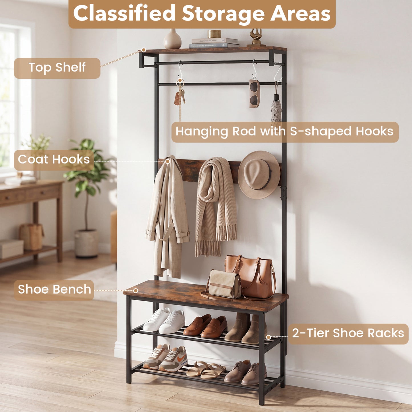 Coat Rack With Shoe Bench, 4-In-1 Hall Tree, Brown Coat Racks & Hall Trees at Gallery Canada