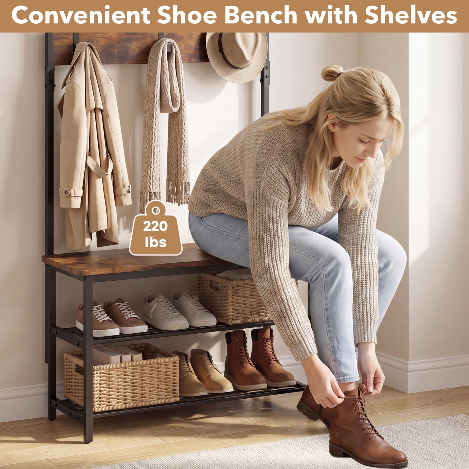 Coat Rack With Shoe Bench, 4-In-1 Hall Tree, Brown Coat Racks & Hall Trees at Gallery Canada