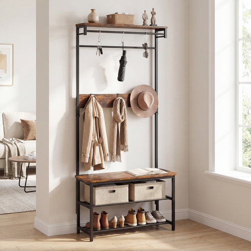 Coat Rack With Shoe Bench, 4-In-1 Hall Tree, Brown
