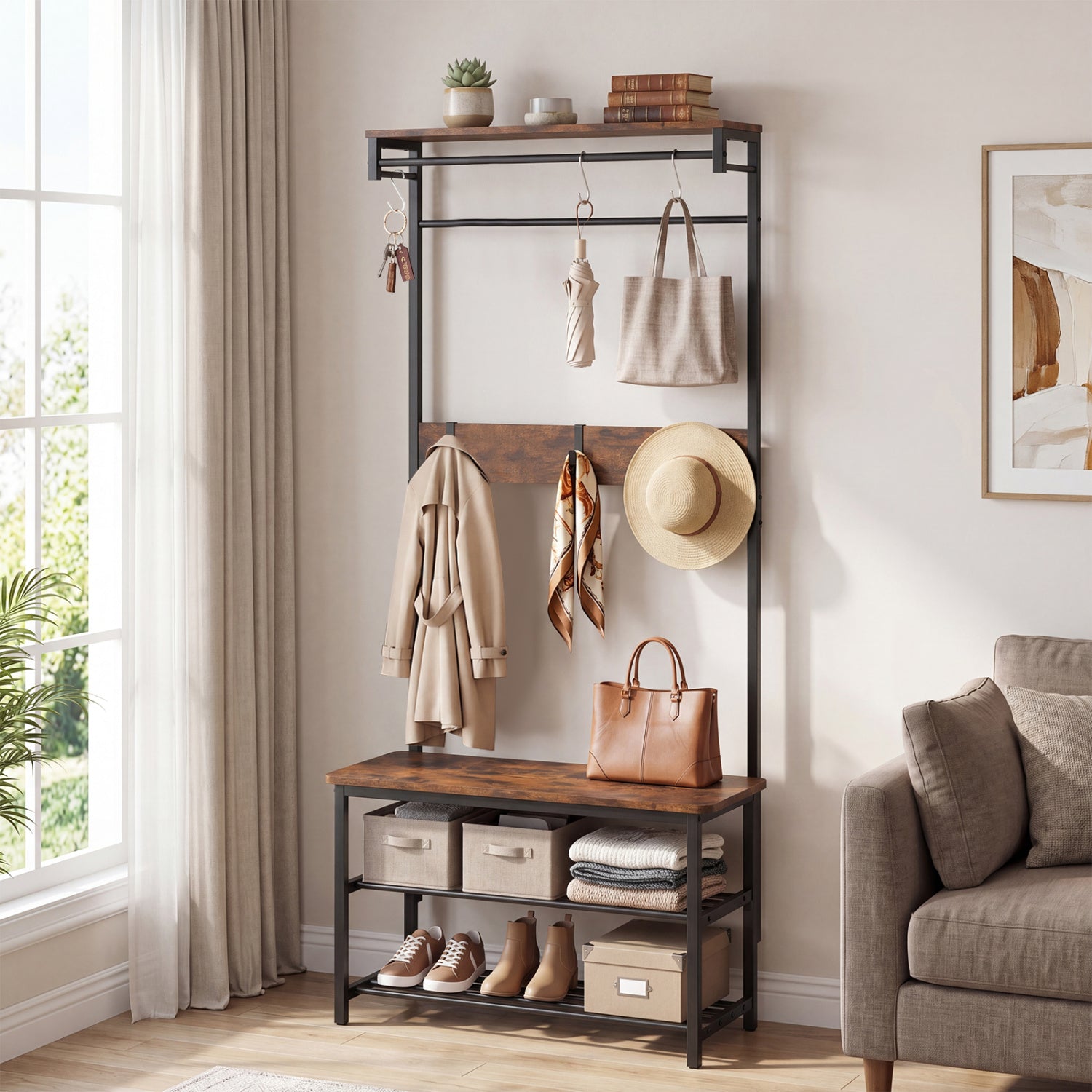 Coat Rack With Shoe Bench, 4-In-1 Hall Tree, Brown Coat Racks & Hall Trees at Gallery Canada
