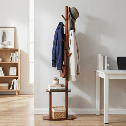 Coat Rack with 8 Rubber Wood Hooks and 2 Storage Shelves, Walnut Coat Racks & Hall Trees Walnut at Gallery Canada