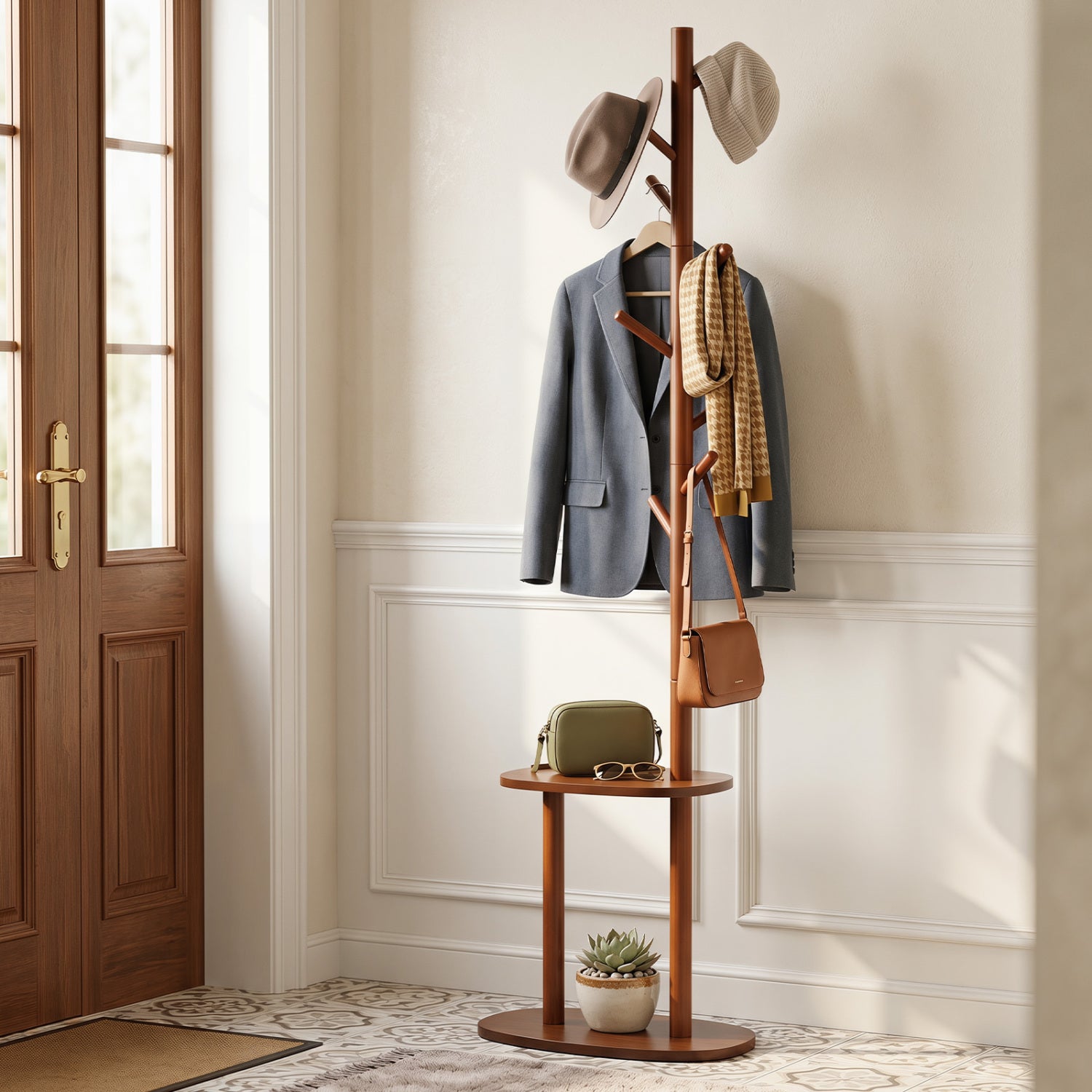 Coat Rack with 8 Rubber Wood Hooks and 2 Storage Shelves, Walnut Coat Racks & Hall Trees at Gallery Canada