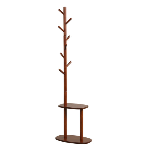 Coat Rack with 8 Rubber Wood Hooks and 2 Storage Shelves, Walnut
