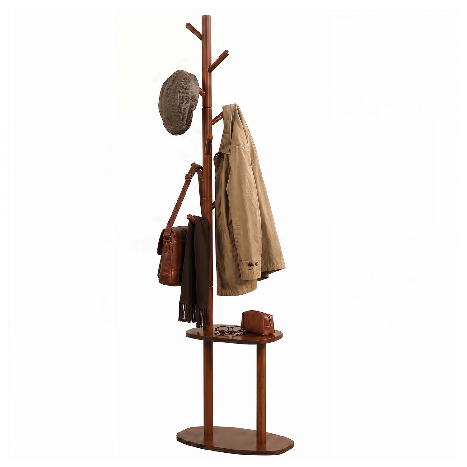 Coat Rack with 8 Rubber Wood Hooks and 2 Storage Shelves, Walnut Coat Racks & Hall Trees at Gallery Canada