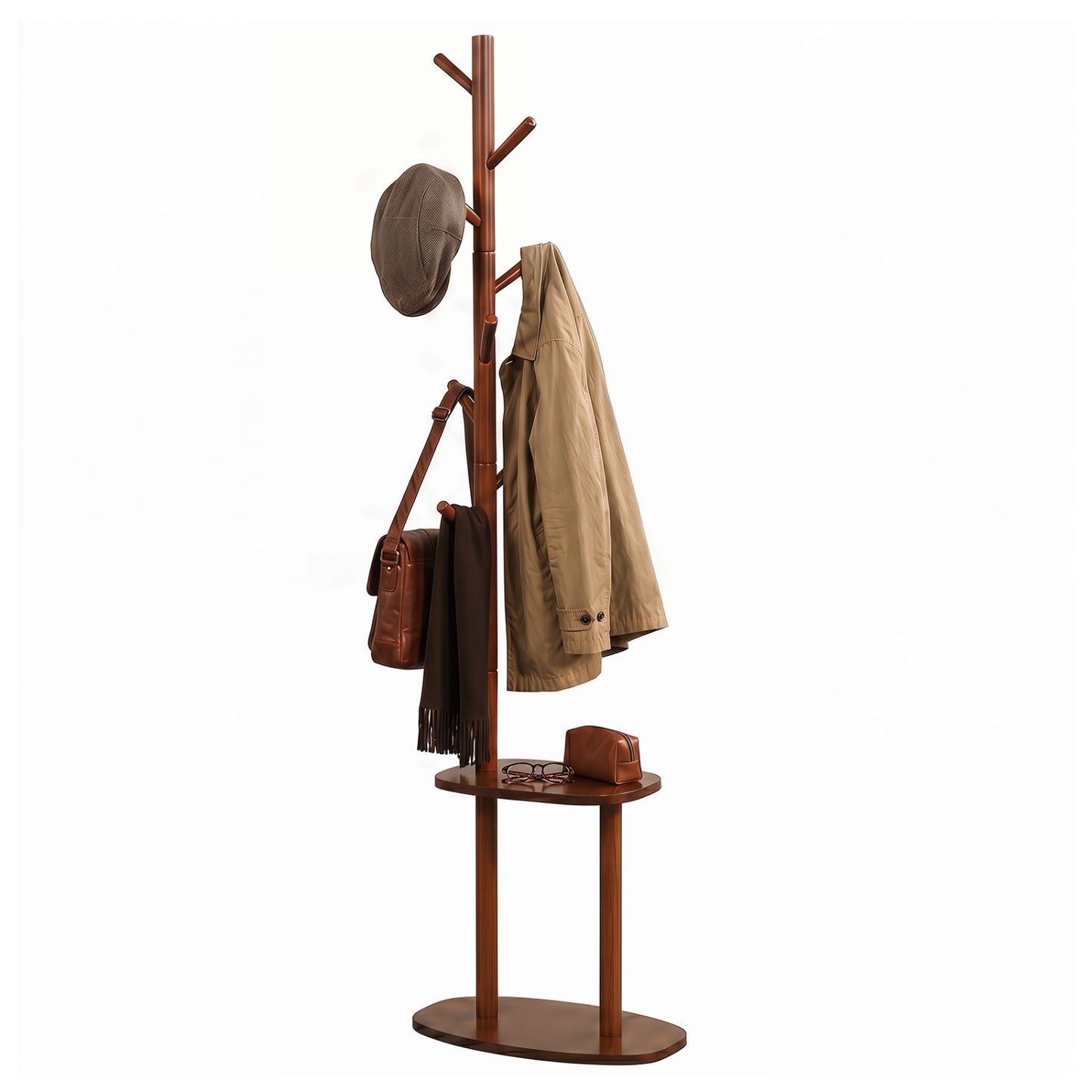 Coat Rack with 8 Rubber Wood Hooks and 2 Storage Shelves, Walnut Coat Racks & Hall Trees at Gallery Canada