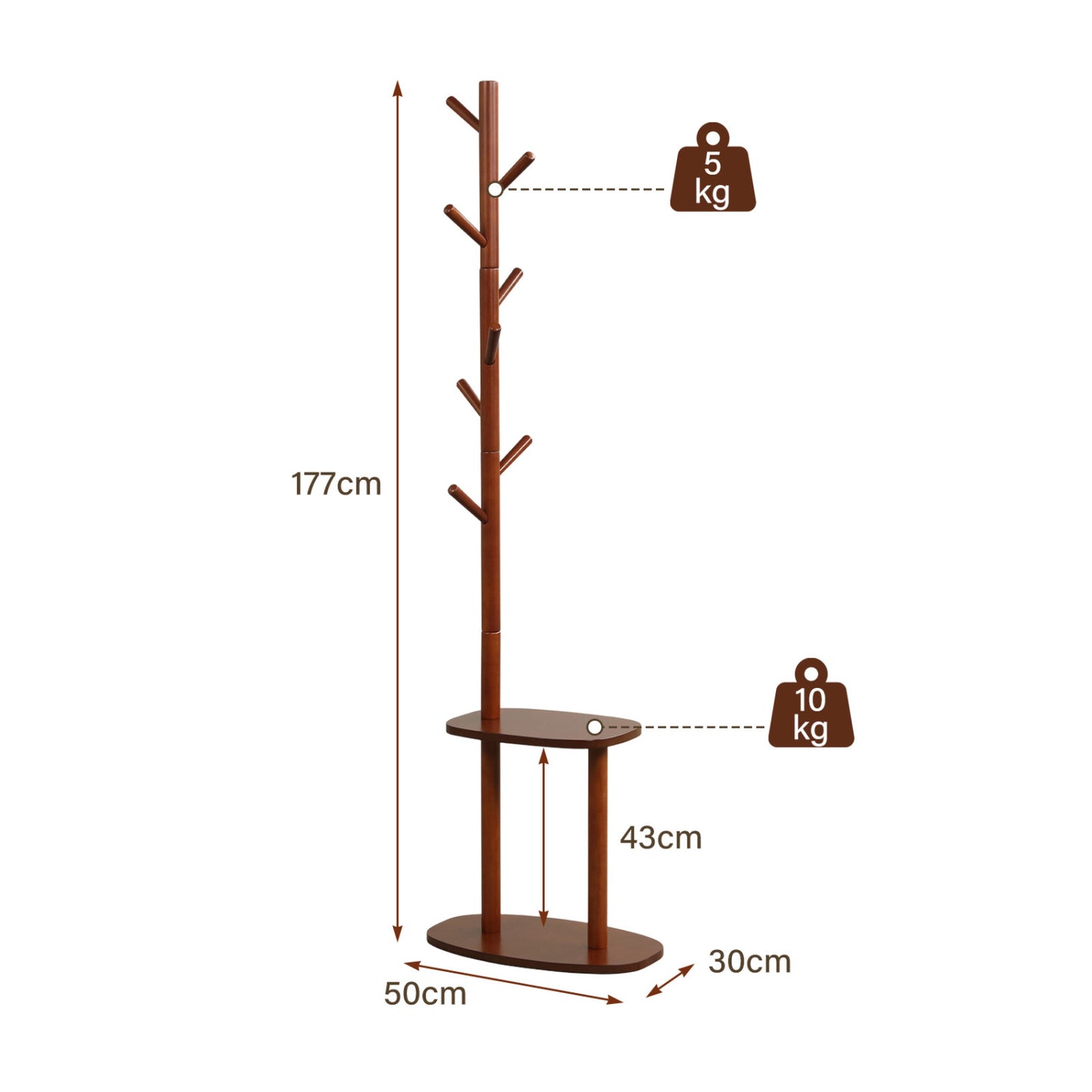 Coat Rack with 8 Rubber Wood Hooks and 2 Storage Shelves, Walnut Coat Racks & Hall Trees at Gallery Canada