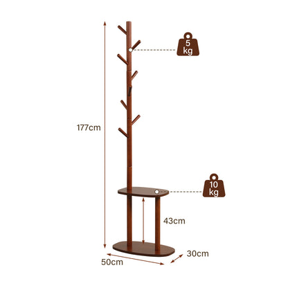 Coat Rack with 8 Rubber Wood Hooks and 2 Storage Shelves, Walnut Coat Racks & Hall Trees at Gallery Canada