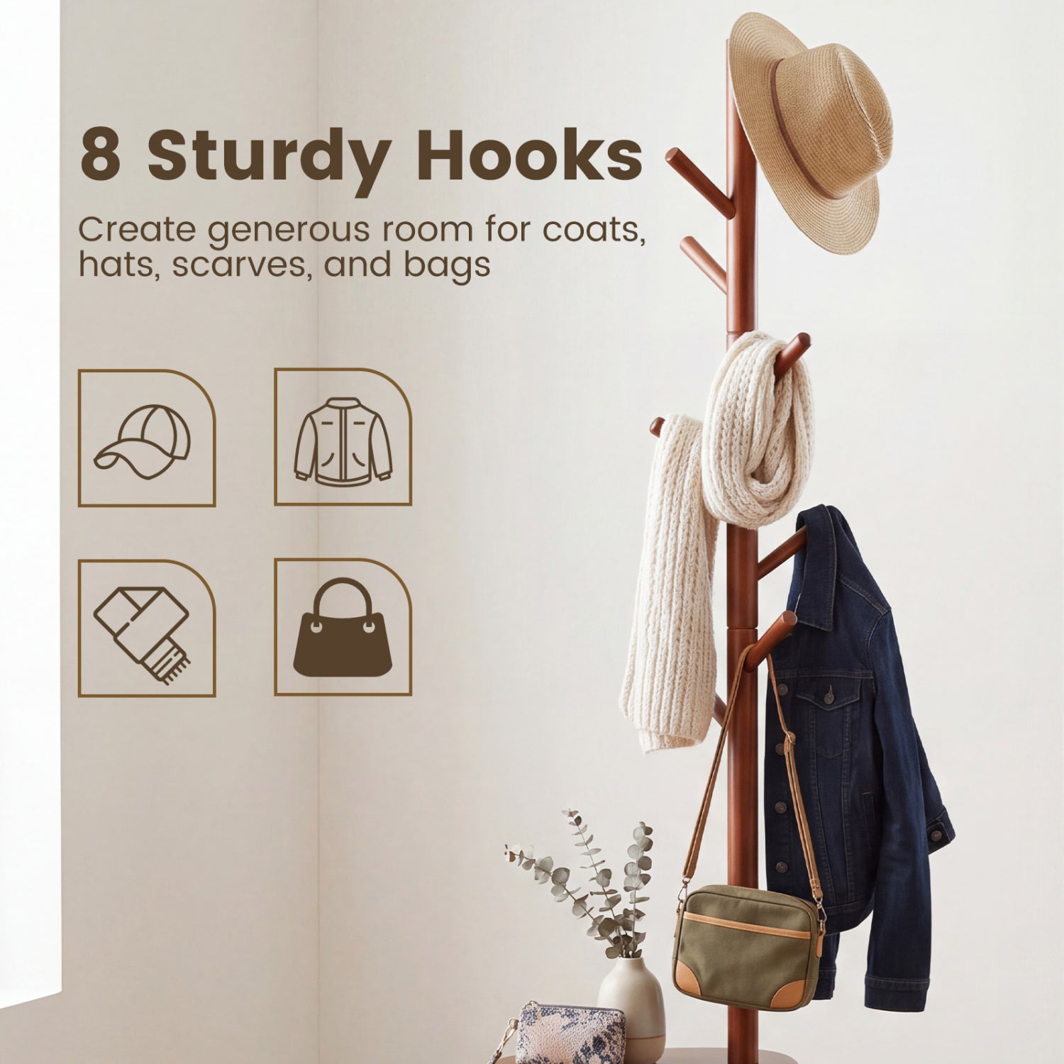 Coat Rack with 8 Rubber Wood Hooks and 2 Storage Shelves, Walnut Coat Racks & Hall Trees at Gallery Canada