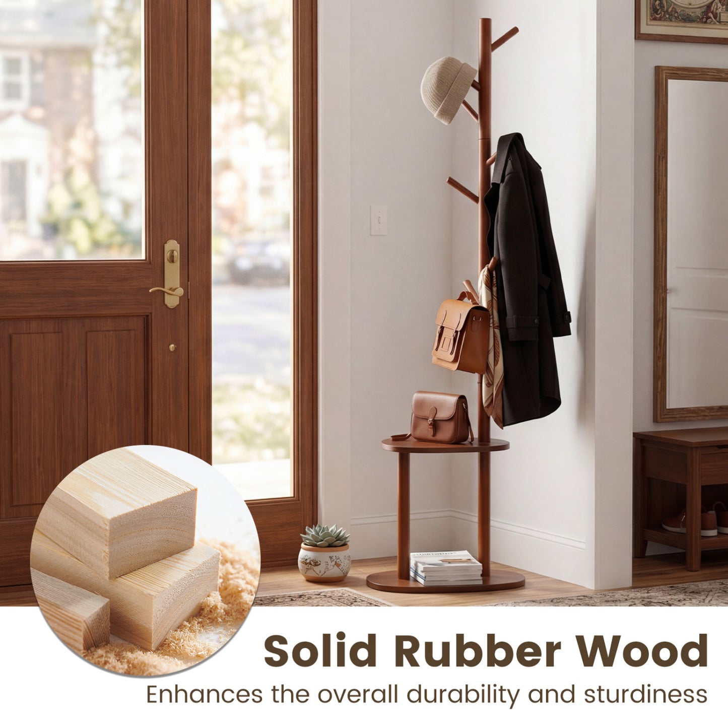 Coat Rack with 8 Rubber Wood Hooks and 2 Storage Shelves, Walnut Coat Racks & Hall Trees at Gallery Canada