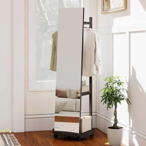 Coat Rack with Full Length Mirror Freestanding Coat Tree with 3 Hooks, Walnut