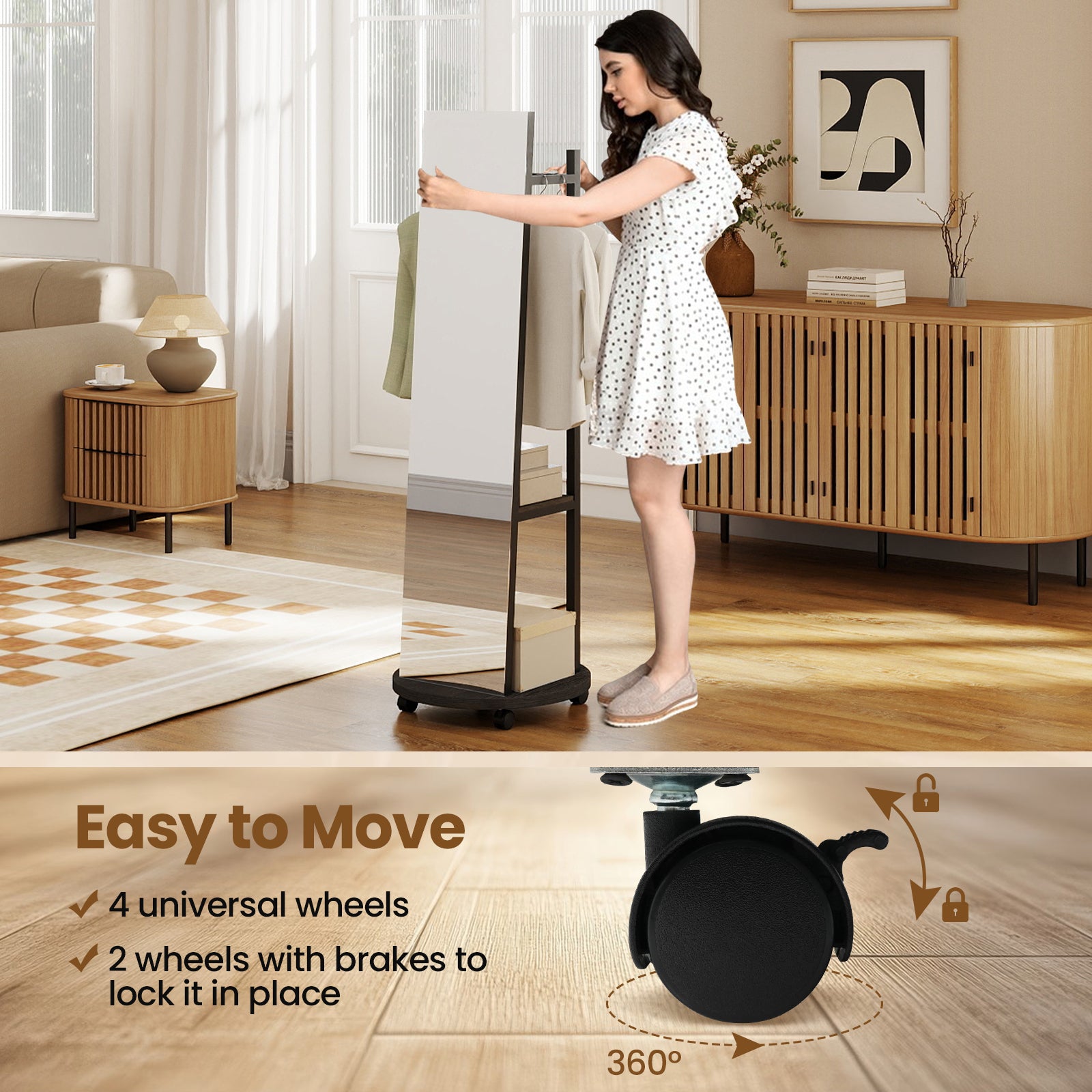 Coat Rack with Full Length Mirror Freestanding Coat Tree with 3 Hooks, Walnut Coat Racks & Hall Trees at Gallery Canada