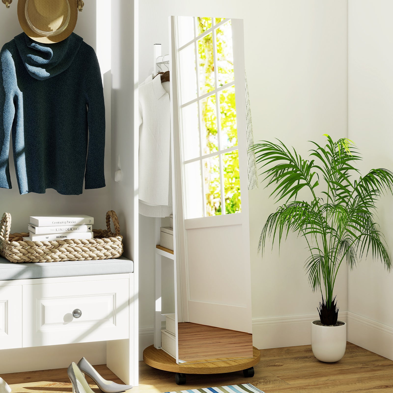 Coat Rack with Full Length Mirror Freestanding Coat Tree with 3 Hooks, Natural Coat Racks & Hall Trees at Gallery Canada