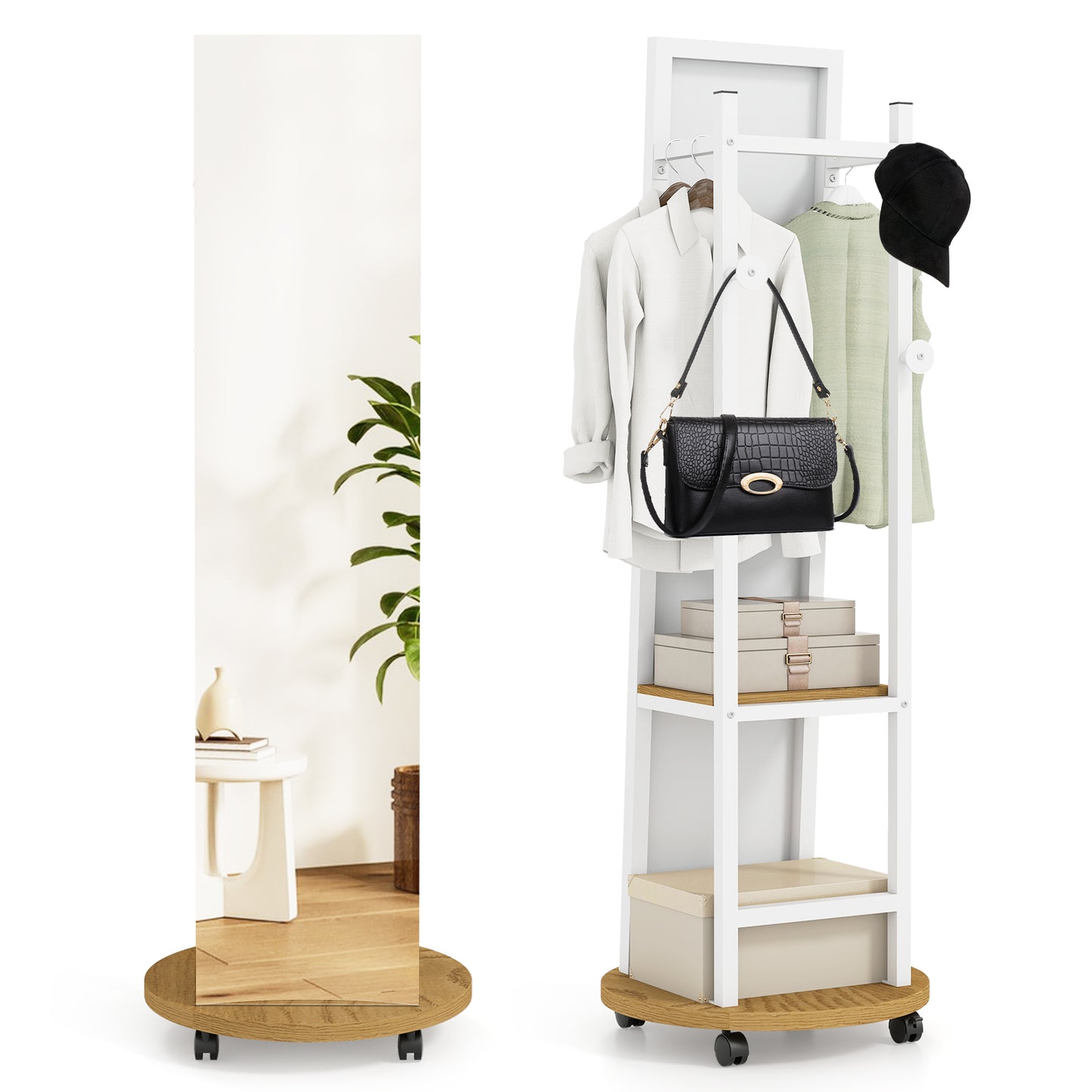 Coat Rack with Full Length Mirror Freestanding Coat Tree with 3 Hooks, Natural Coat Racks & Hall Trees Natural at Gallery Canada