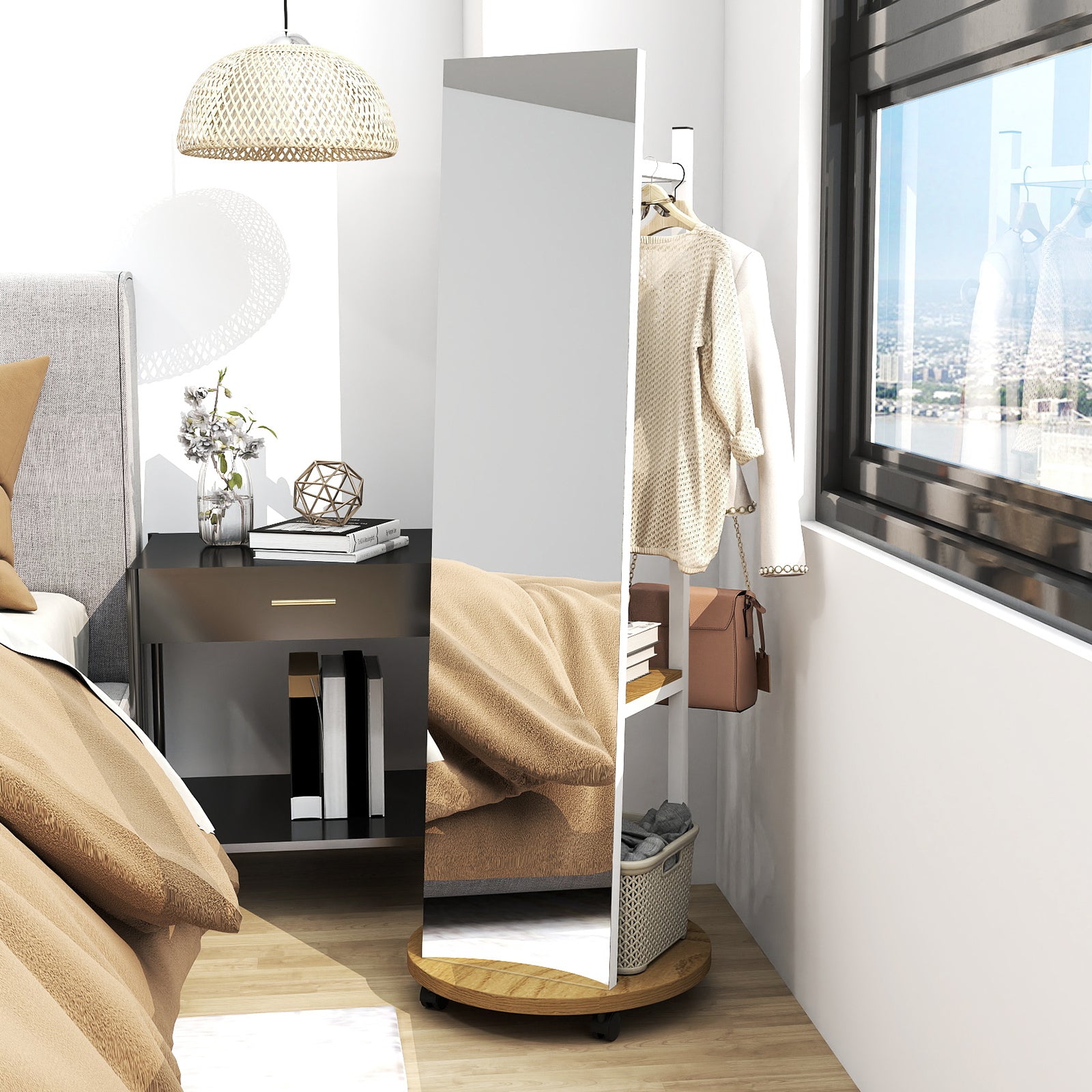 Coat Rack with Full Length Mirror Freestanding Coat Tree with 3 Hooks, Natural Coat Racks & Hall Trees at Gallery Canada