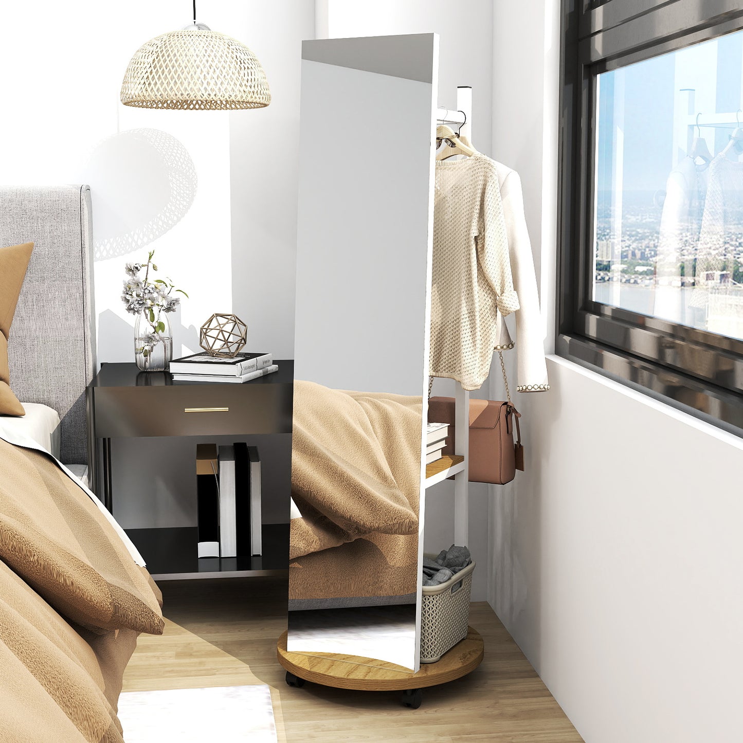 Coat Rack with Full Length Mirror Freestanding Coat Tree with 3 Hooks, Natural Coat Racks & Hall Trees at Gallery Canada