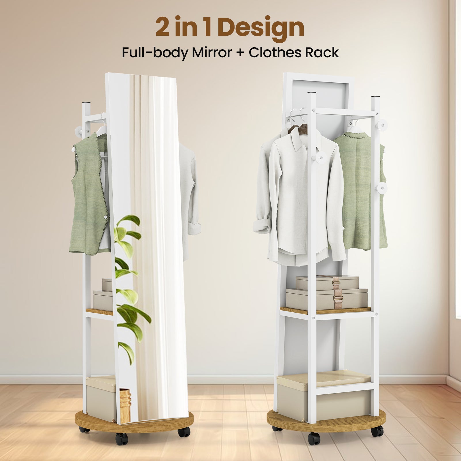 Coat Rack with Full Length Mirror Freestanding Coat Tree with 3 Hooks, Natural Coat Racks & Hall Trees at Gallery Canada