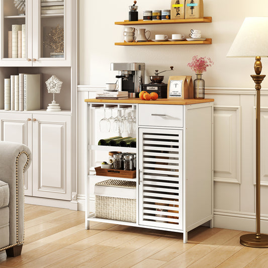 Coffee Bar Cabinet with Glass Holder, Wine Rack, Bamboo Top Sideboards Cabinets & Buffets White at Gallery Canada
