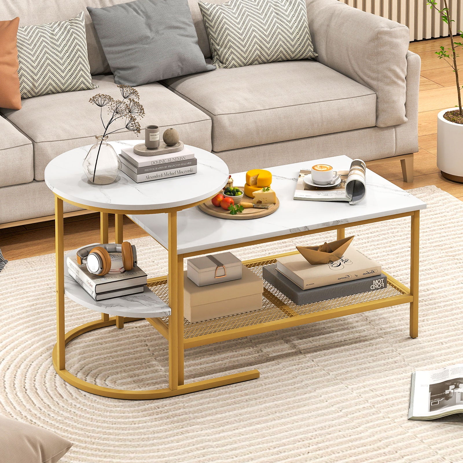 2-Tier Rectangle Coffee Table & Side End Table with Shelves, Golden, White Coffee Tables at Gallery Canada