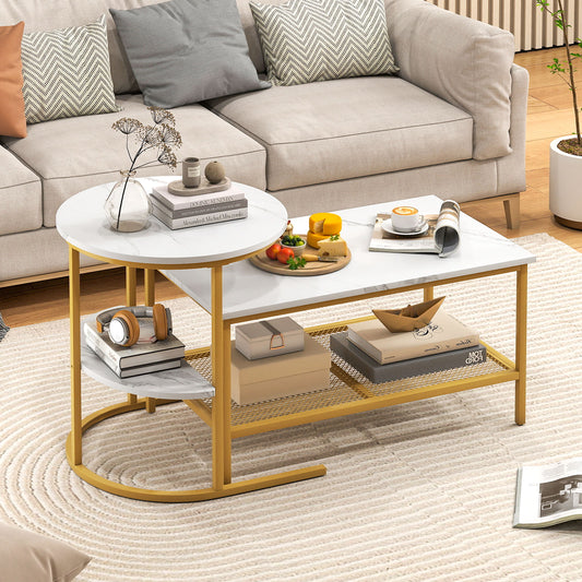 2-Tier Rectangle Coffee Table & Side End Table with Shelves, Golden, White Coffee Tables White & Golden at Gallery Canada
