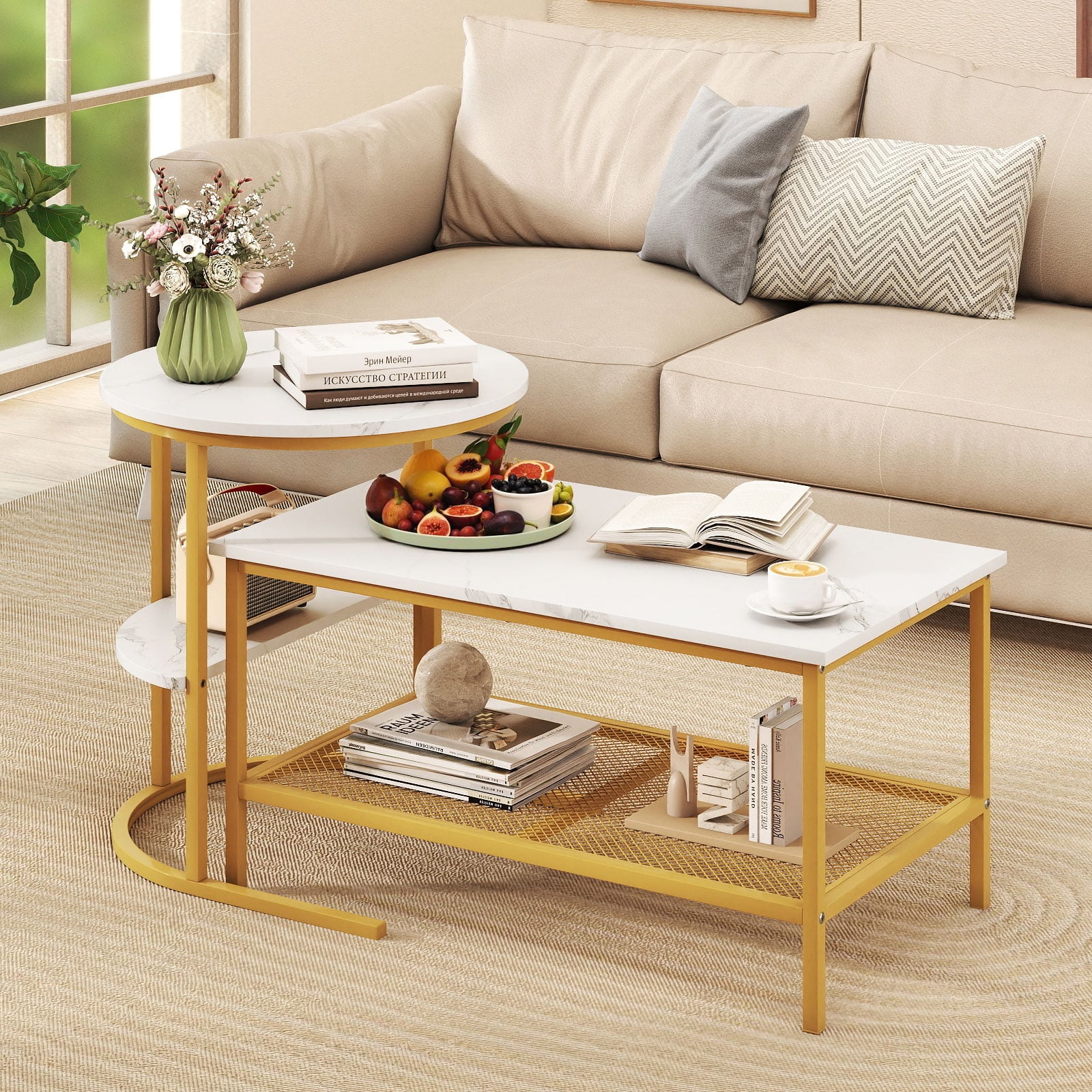 2-Tier Rectangle Coffee Table & Side End Table with Shelves, Golden, White Coffee Tables at Gallery Canada