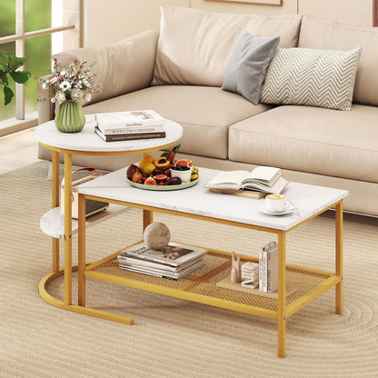 2-Tier Rectangle Coffee Table & Side End Table with Shelves, Golden, White Coffee Tables at Gallery Canada