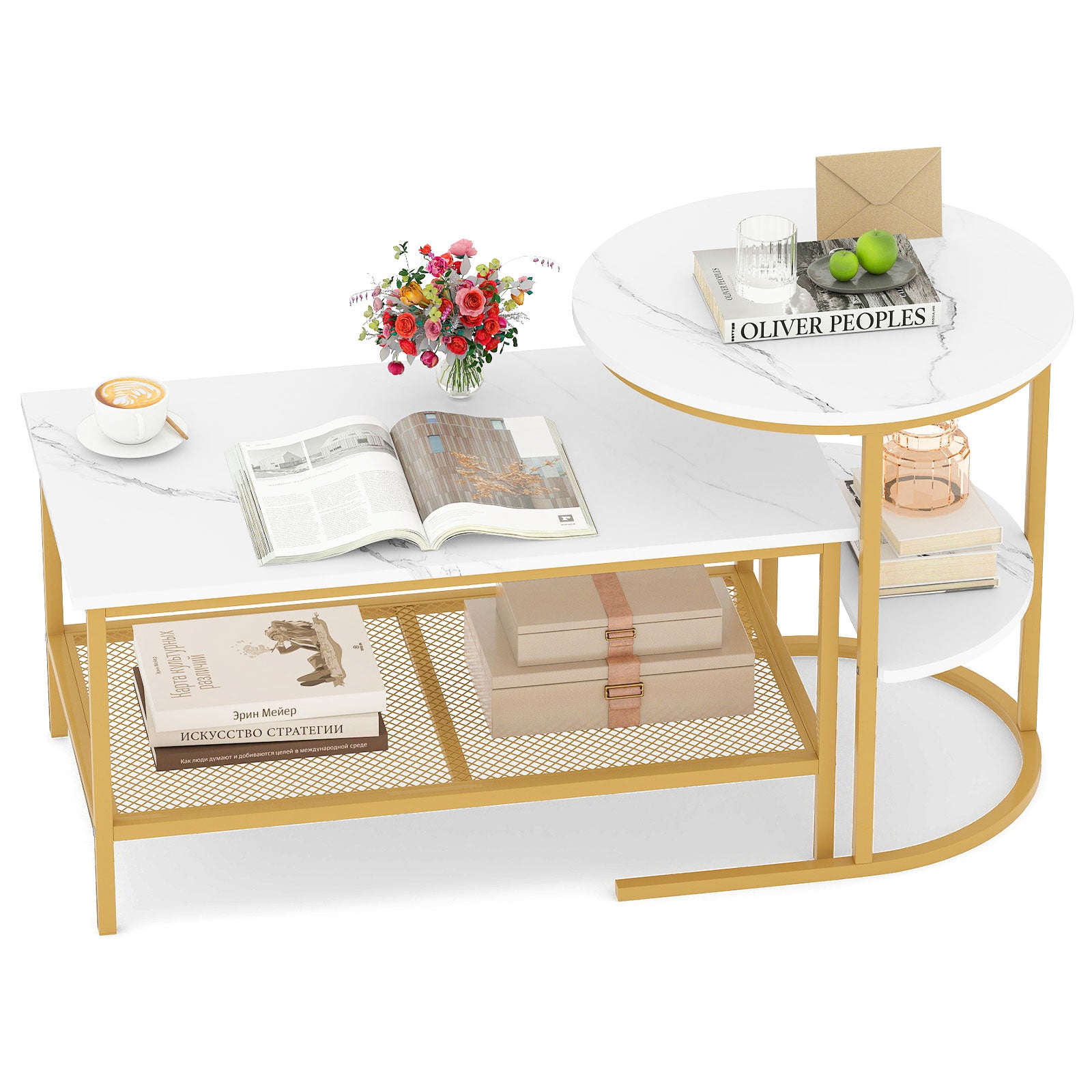 2-Tier Rectangle Coffee Table & Side End Table with Shelves, Golden, White Coffee Tables White & Golden at Gallery Canada