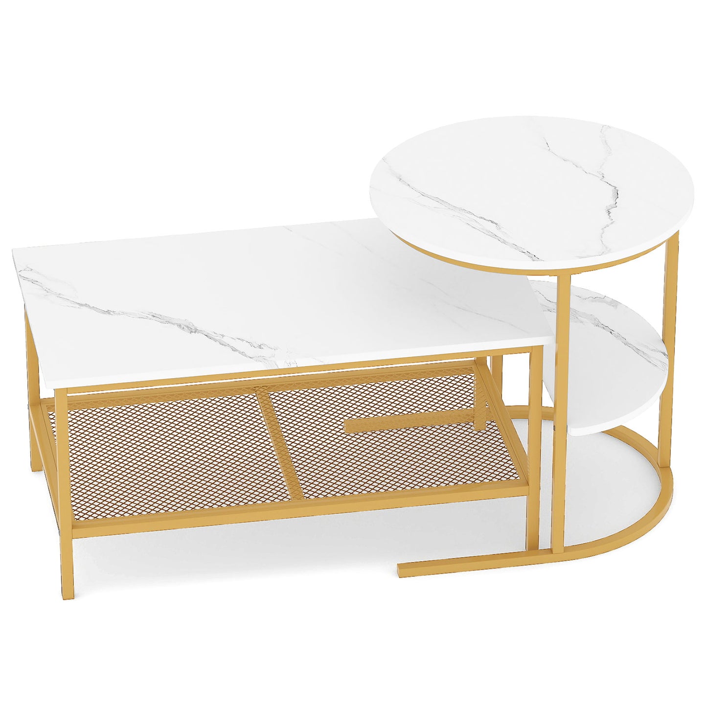 2-Tier Rectangle Coffee Table & Side End Table with Shelves, Golden, White Coffee Tables at Gallery Canada