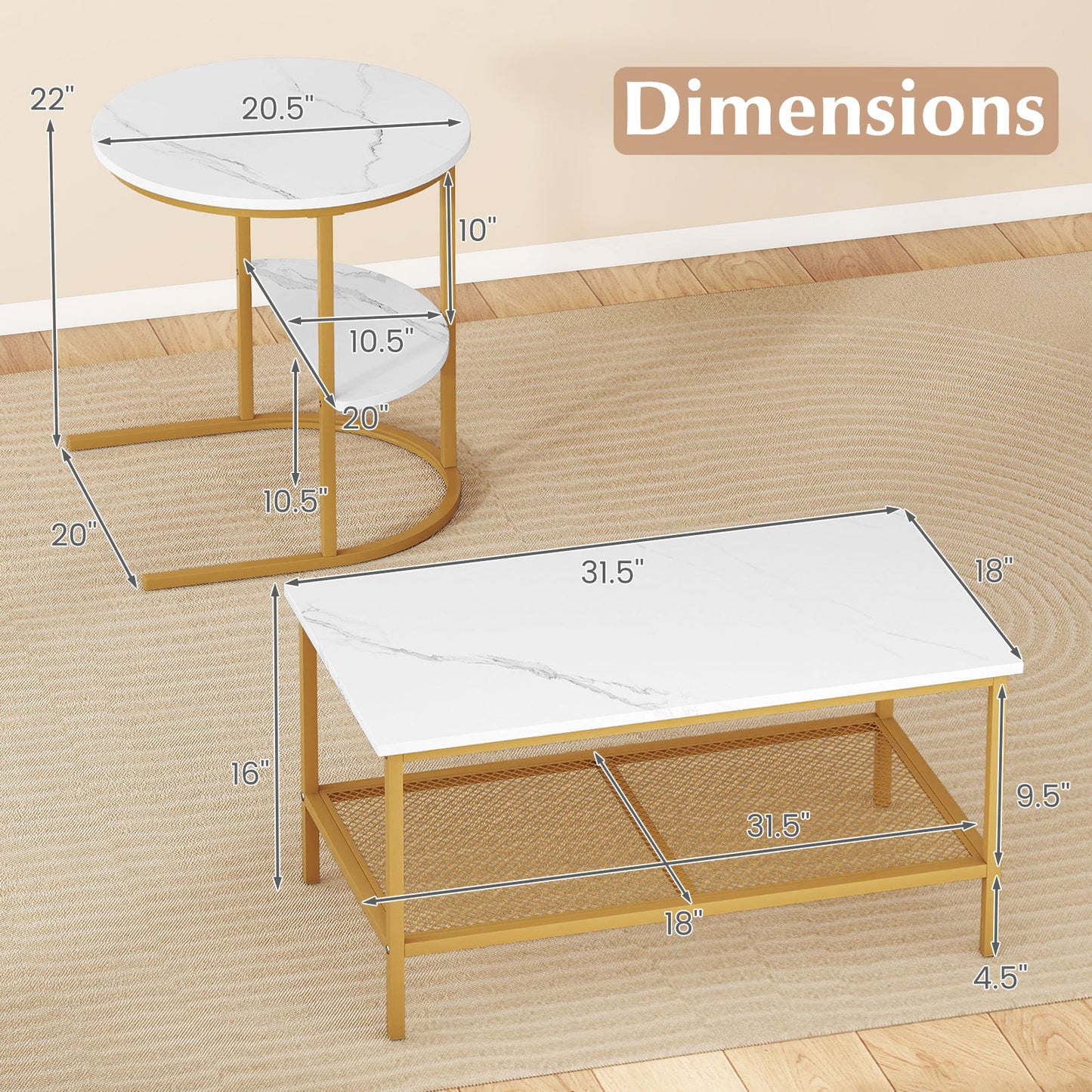 2-Tier Rectangle Coffee Table & Side End Table with Shelves, Golden, White Coffee Tables at Gallery Canada