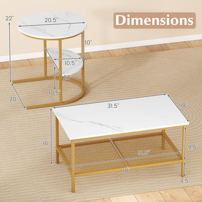 2-Tier Rectangle Coffee Table & Side End Table with Shelves, Golden, White Coffee Tables at Gallery Canada