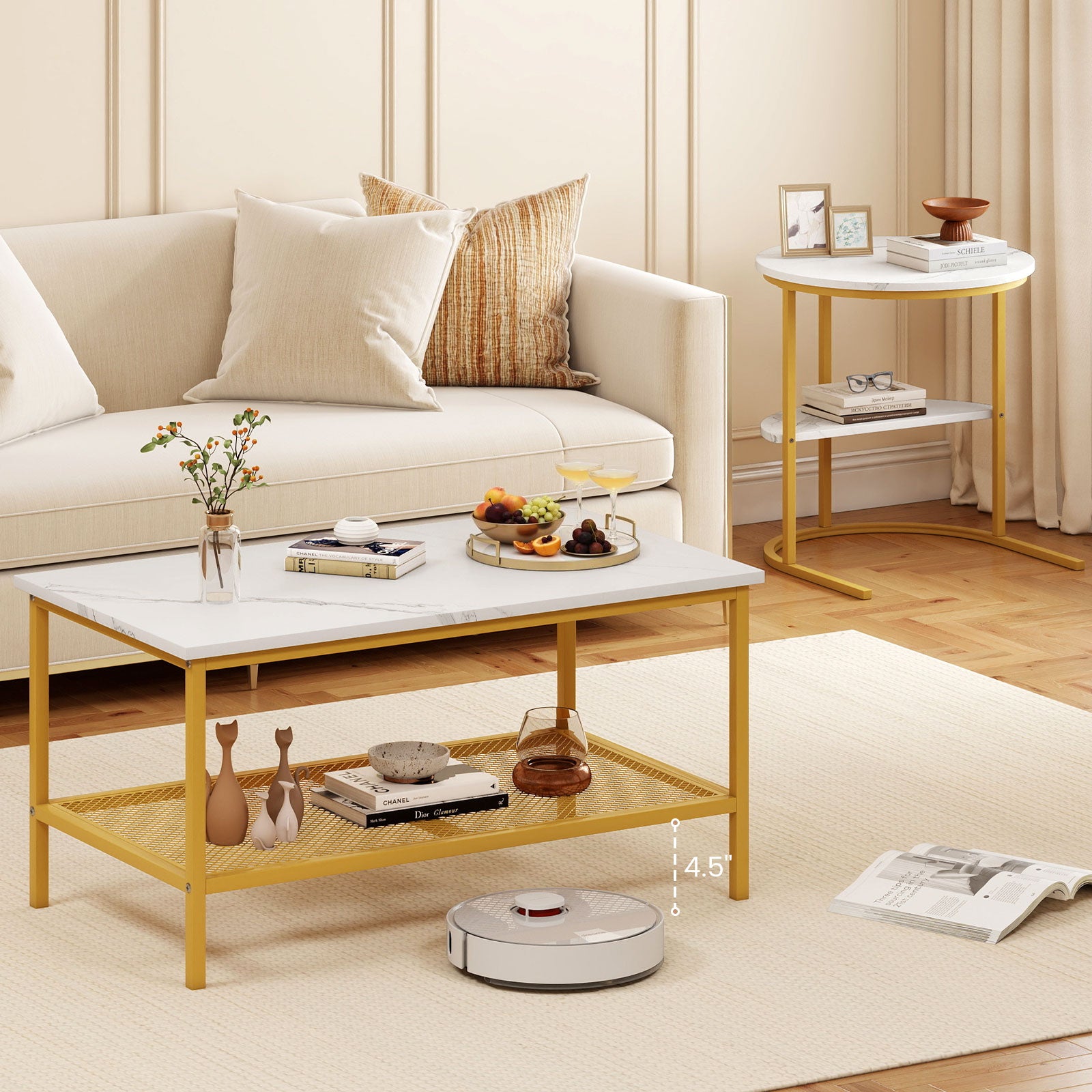2-Tier Rectangle Coffee Table & Side End Table with Shelves, Golden, White Coffee Tables at Gallery Canada