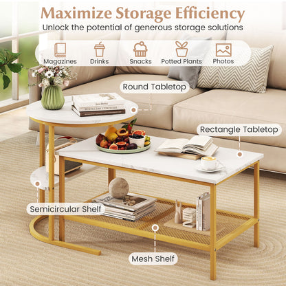 2-Tier Rectangle Coffee Table & Side End Table with Shelves, Golden, White Coffee Tables at Gallery Canada