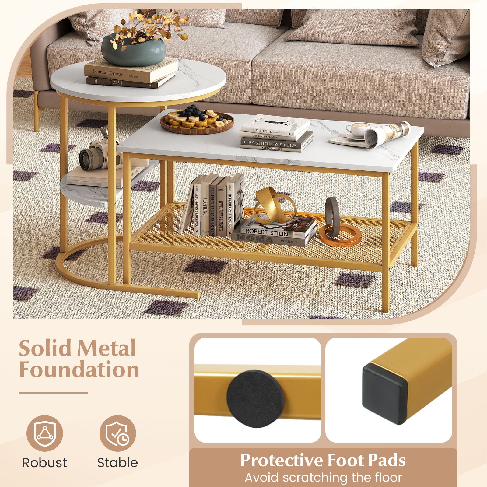 2-Tier Rectangle Coffee Table & Side End Table with Shelves, Golden, White Coffee Tables at Gallery Canada