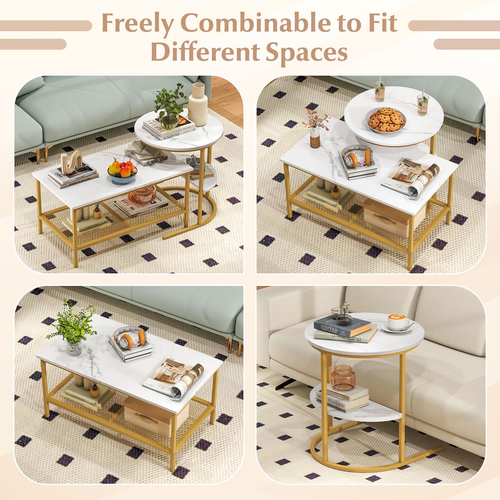 2-Tier Rectangle Coffee Table & Side End Table with Shelves, Golden, White Coffee Tables at Gallery Canada