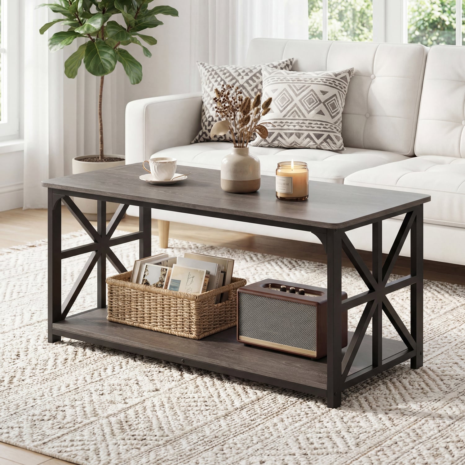 Coffee Table 2-Tier Center Table with Storage Shelf, Oak Coffee Tables at Gallery Canada