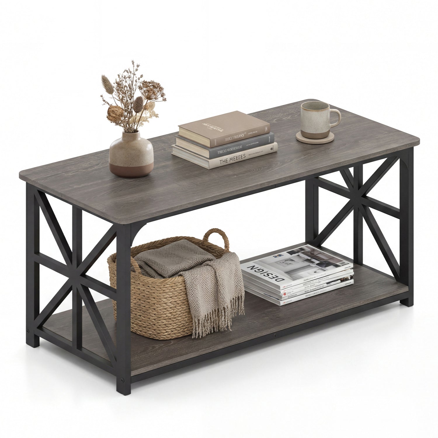 Coffee Table 2-Tier Center Table with Storage Shelf, Oak Coffee Tables Oak at Gallery Canada