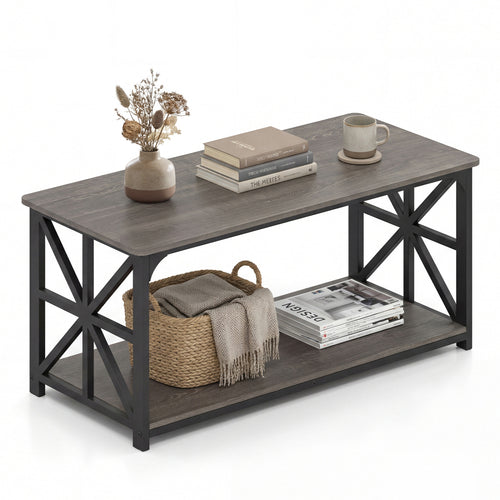Coffee Table 2-Tier Center Table with Storage Shelf, Oak