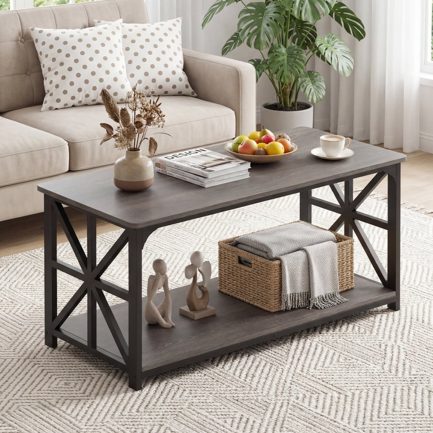 Coffee Table 2-Tier Center Table with Storage Shelf, Oak Coffee Tables at Gallery Canada