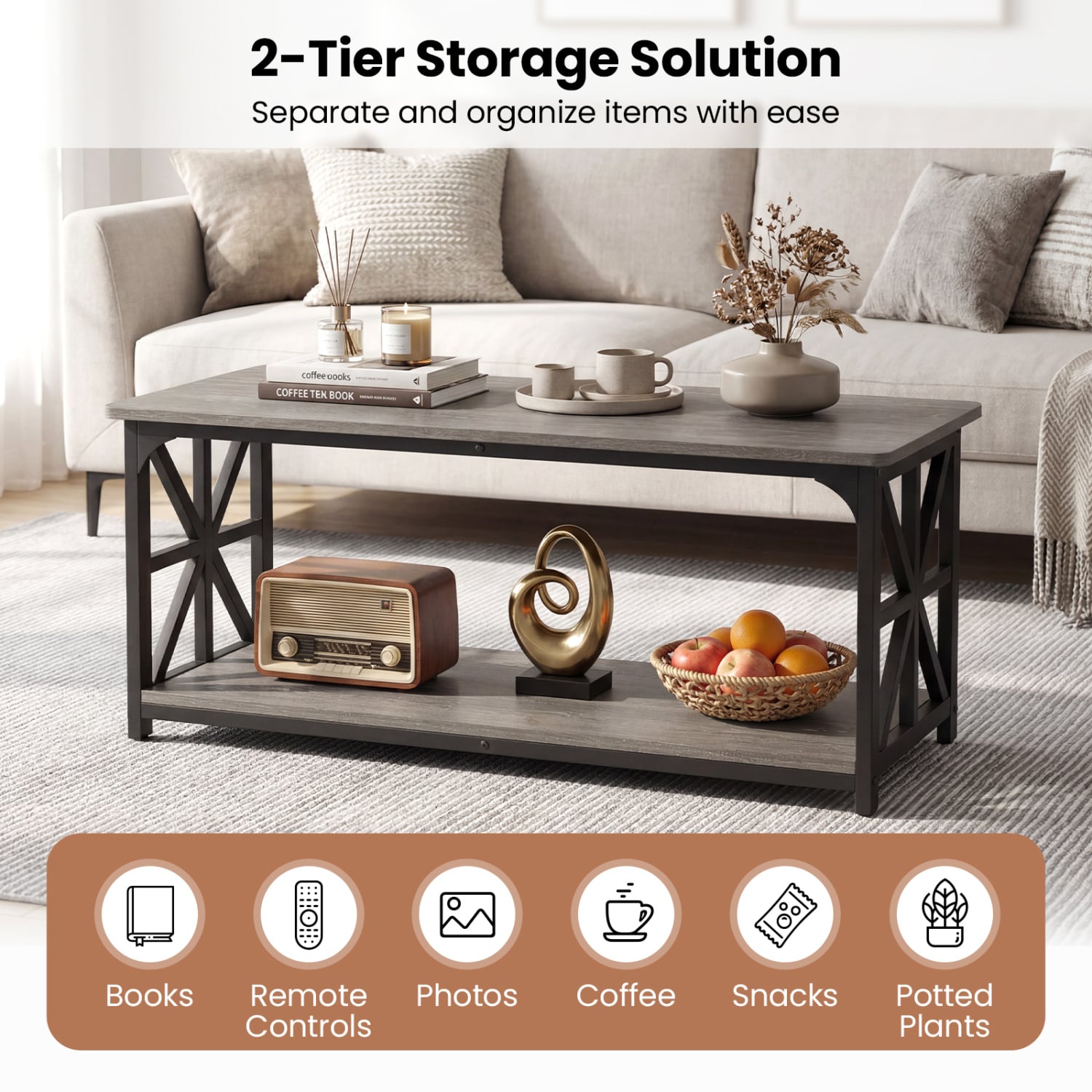 Coffee Table 2-Tier Center Table with Storage Shelf, Oak Coffee Tables at Gallery Canada