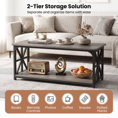 Coffee Table 2-Tier Center Table with Storage Shelf, Oak Coffee Tables at Gallery Canada
