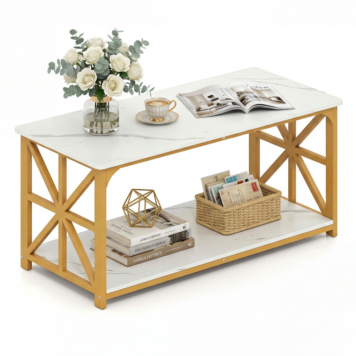 Coffee Table 2-Tier with Storage Shelf, & Golden, White Coffee Tables White & Golden at Gallery Canada
