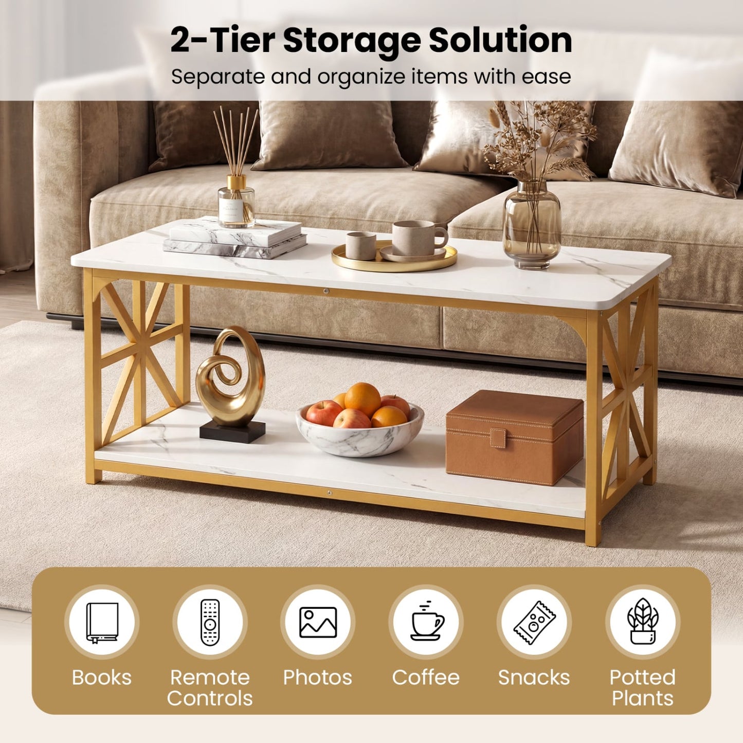 Coffee Table 2-Tier with Storage Shelf, & Golden, White Coffee Tables at Gallery Canada