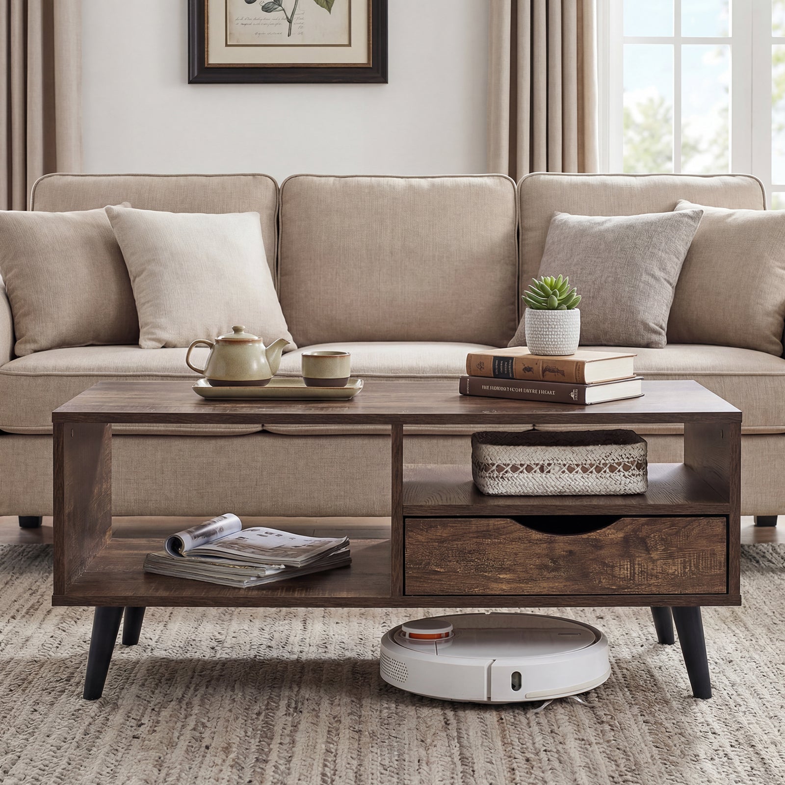 Rustic Walnut Coffee Table With Storage, Rectangle Center Table Coffee Tables at Gallery Canada