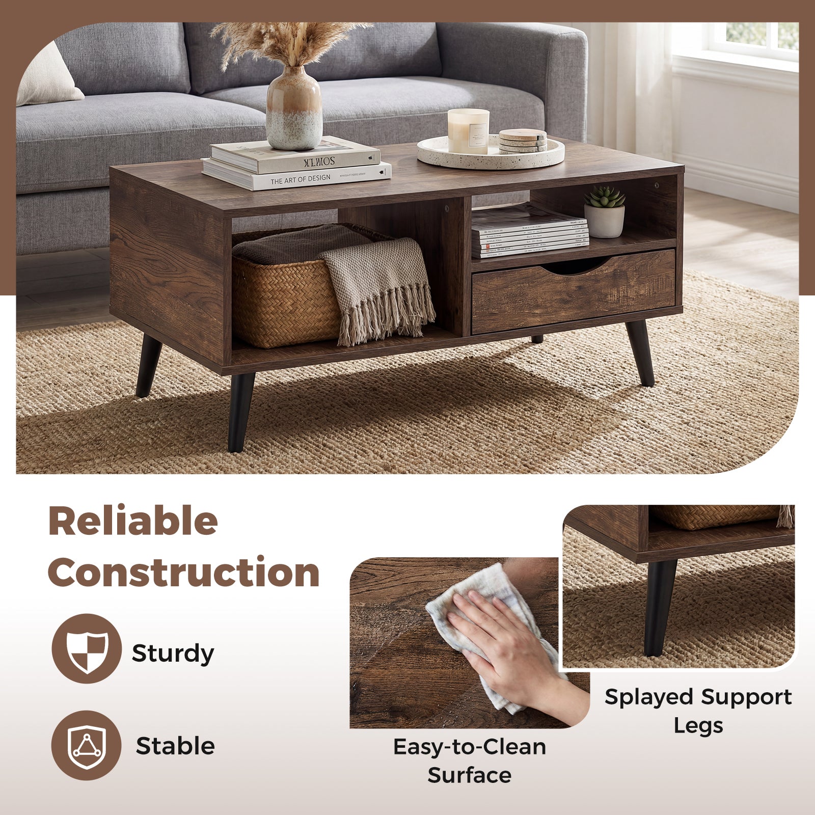 Rustic Walnut Coffee Table With Storage, Rectangle Center Table Coffee Tables at Gallery Canada