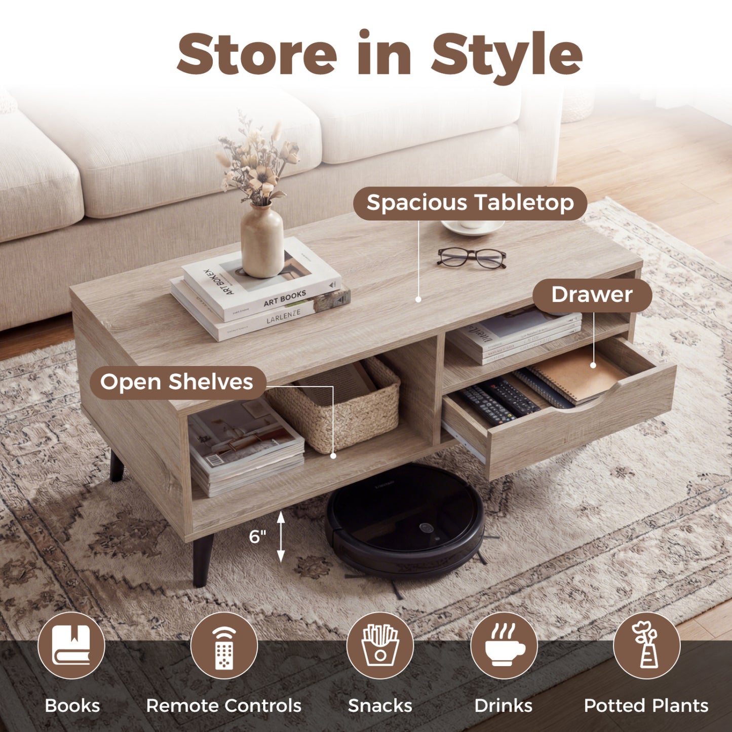 Rustic Rectangle Coffee Table With Storage, Natural Coffee Tables at Gallery Canada