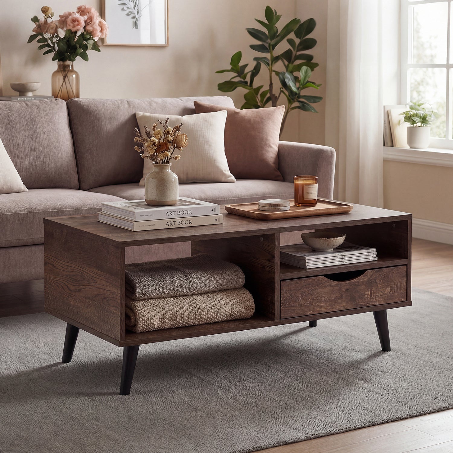 Rustic Walnut Coffee Table With Storage, Rectangle Center Table Coffee Tables at Gallery Canada