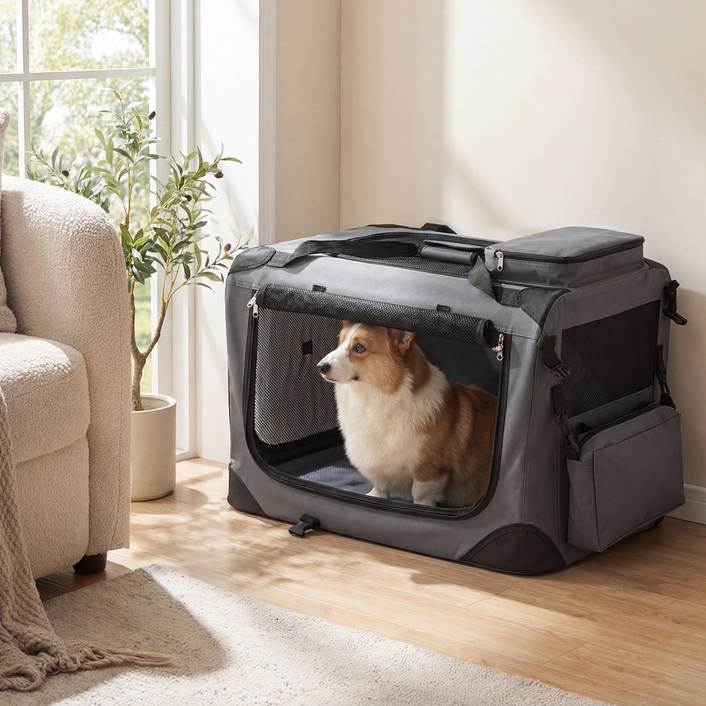 Collapsible Soft Dog Crate Travel Crate with Mesh Windows and 3 Doors-S, Gray Dog Kennels at Gallery Canada