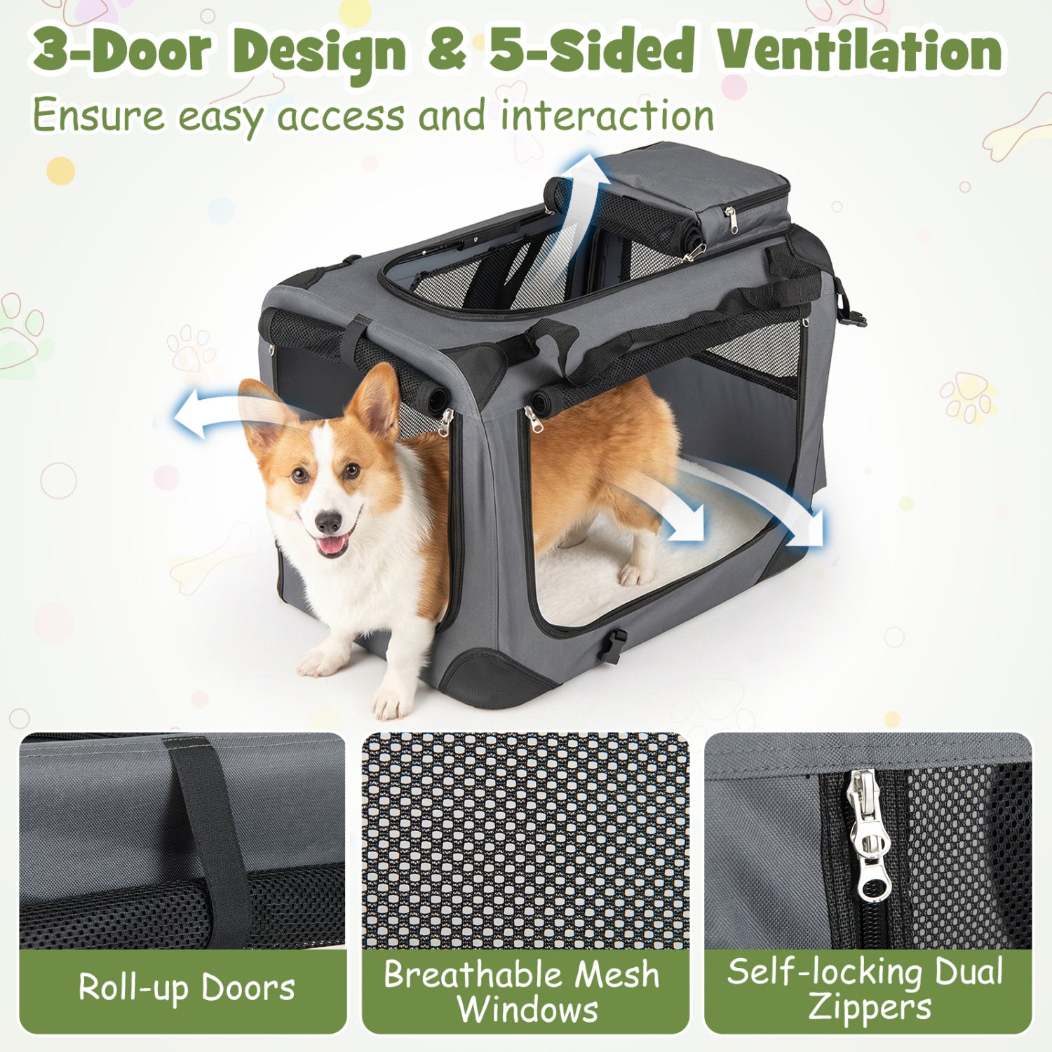 Collapsible Soft Dog Crate Travel Crate with Mesh Windows and 3 Doors-S, Gray Dog Kennels at Gallery Canada