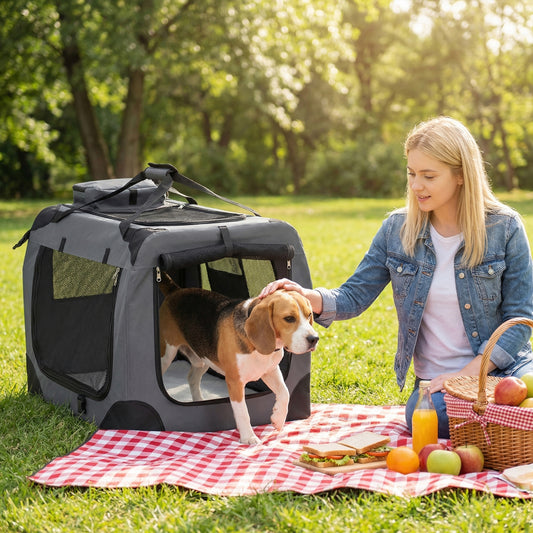 Collapsible Soft Dog Crate Travel Crate with Mesh Windows and 3 Doors-M, Gray Dog Kennels Gray at Gallery Canada