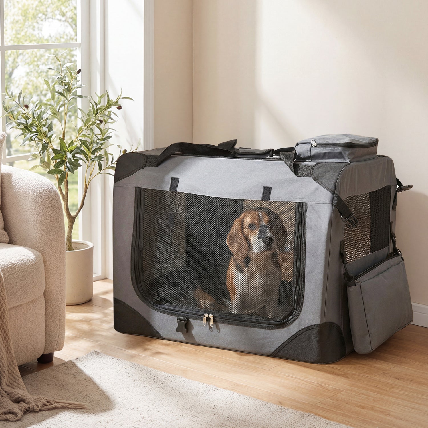 Collapsible Soft Dog Crate Travel Crate with Mesh Windows and 3 Doors-M, Gray Dog Kennels at Gallery Canada